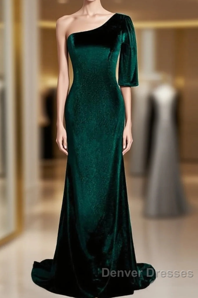 Beautiful Dark Green One Shoulder Evening Dress, Green Mermaid Formal Dress Main image