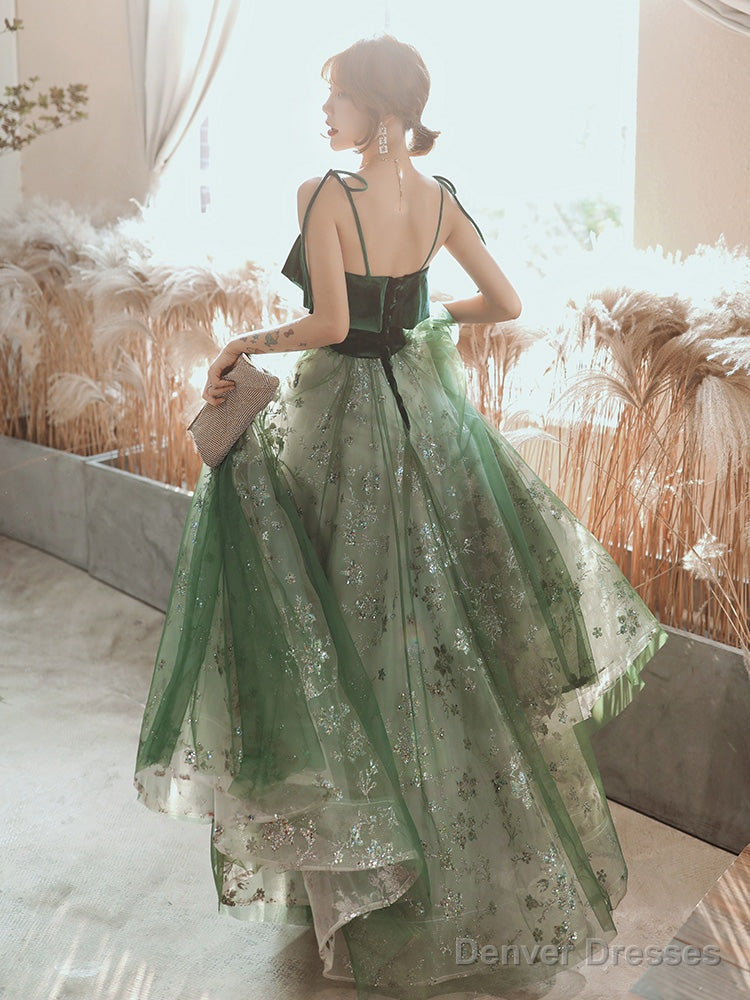 Beautiful Dark Green Straps Tulle With Velvet Party Dress, Green Evening Gown Prom Dress