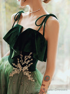 Beautiful Dark Green Straps Tulle With Velvet Party Dress, Green Evening Gown Prom Dress