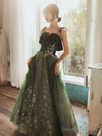 Beautiful Dark Green Straps Tulle With Velvet Party Dress, Green Evening Gown Prom Dress