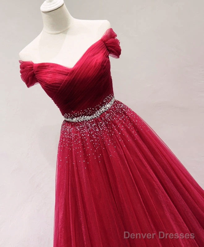 Beautiful Dark Red Tulle Off Shoulder Long Prom Dress, Beaded Party Dress Secondary image
