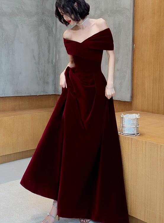 Beautiful Dark Red Velvet Off Shoulder Bridesmaid Dress, A-Line Long Prom Dress Main image