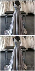 Beautiful Elegant Silver Grey Prom Dress,Beaded Evening Gowns,V Neck Formal Dress,Special Occasion Dress