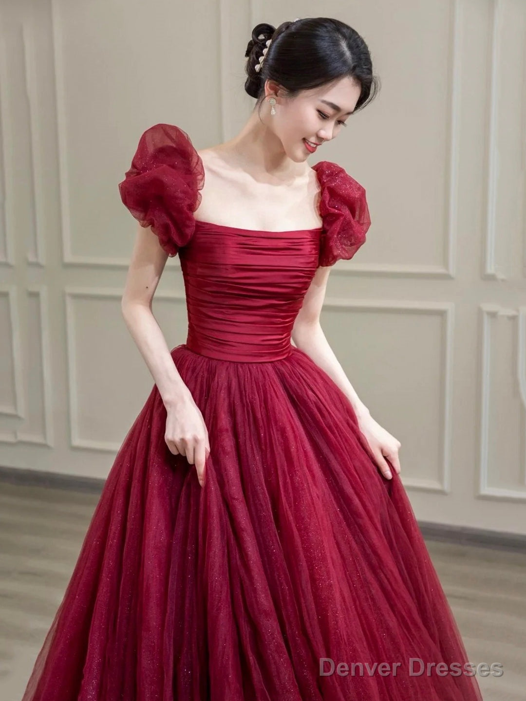 Beautiful Floor Length A-Line Prom Dress, Burgundy Tulle Evening Party Dress Secondary image