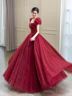 Beautiful Floor Length A-Line Prom Dress, Burgundy Tulle Evening Party Dress