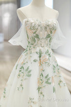 Beautiful Floral Lace Tulle Long Prom Dress, White Off The Shoulder Evening Party Dress