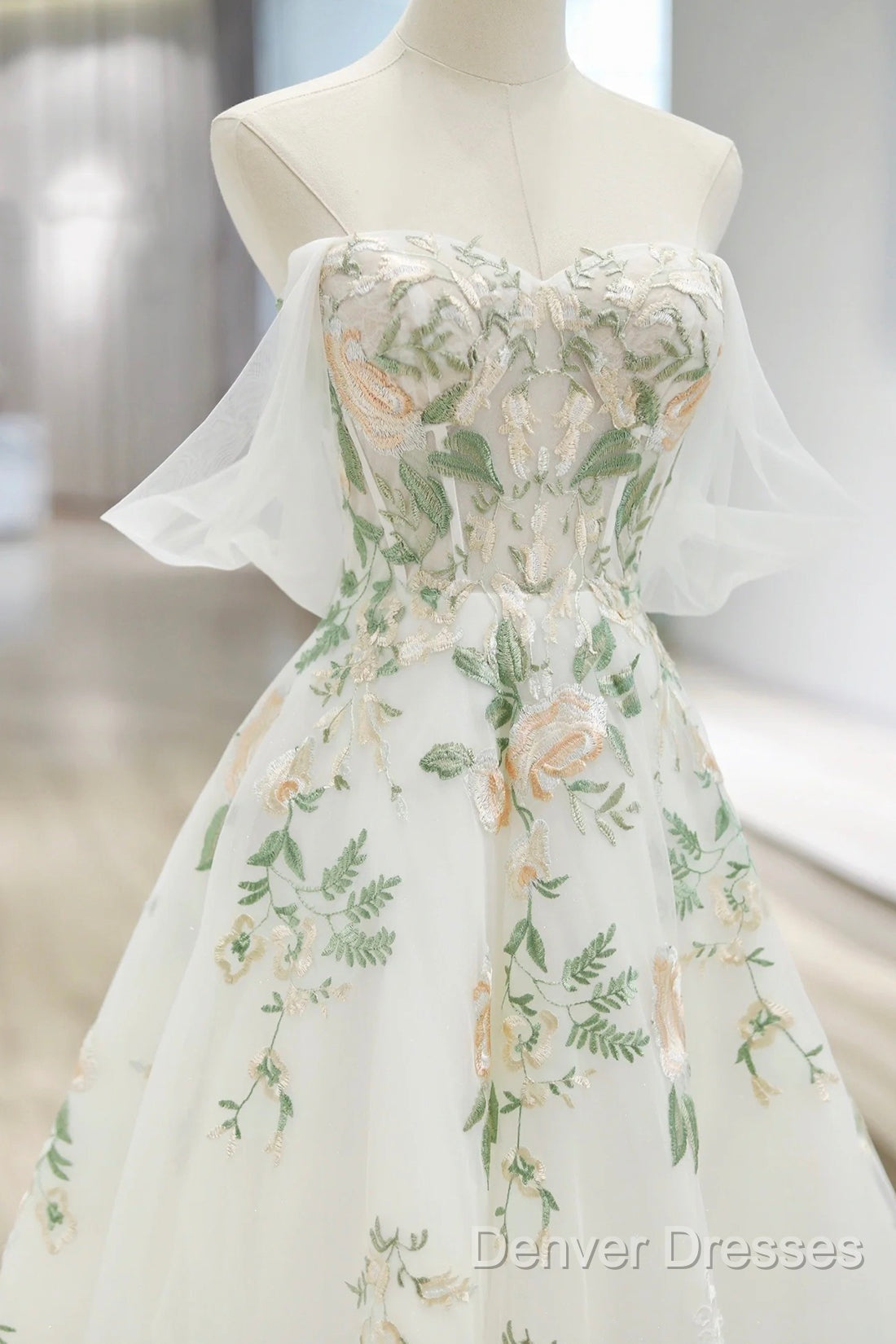 Beautiful Floral Lace Tulle Long Prom Dress, White Off The Shoulder Evening Party Dress
