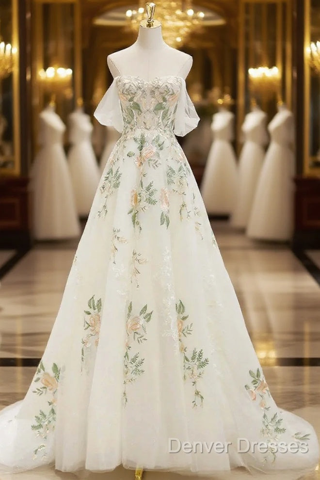 Beautiful Floral Lace Tulle Long Prom Dress, White Off The Shoulder Evening Party Dress Main image