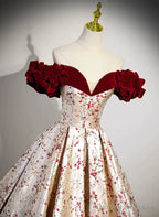 Beautiful Floral Satin Sweetheart Off Shoulder Prom Dress, Long Satin Party Dress