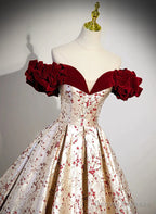 Beautiful Floral Satin Sweetheart Off Shoulder Prom Dress, Long Satin Party Dress