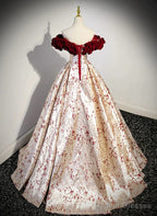 Beautiful Floral Satin Sweetheart Off Shoulder Prom Dress, Long Satin Party Dress