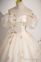 Beautiful Floral Tulle Long Prom Dress, Champagne Short Sleeve Evening Dress