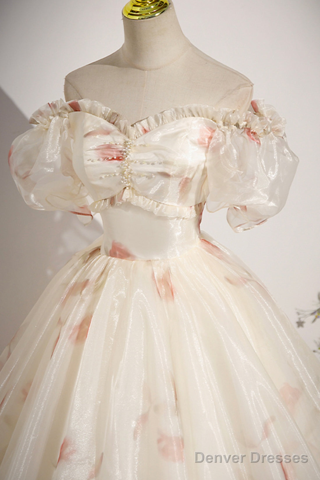 Beautiful Floral Tulle Long Prom Dress, Champagne Short Sleeve Evening Dress Secondary image
