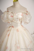 Beautiful Floral Tulle Long Prom Dress, Champagne Short Sleeve Evening Dress