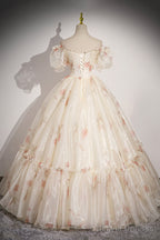 Beautiful Floral Tulle Long Prom Dress, Champagne Short Sleeve Evening Dress