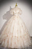 Beautiful Floral Tulle Long Prom Dress, Champagne Short Sleeve Evening Dress