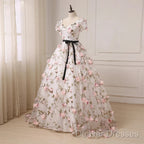 Beautiful Flowers Ball Gown Long Party Dress, Short Sleeves Prom Dress