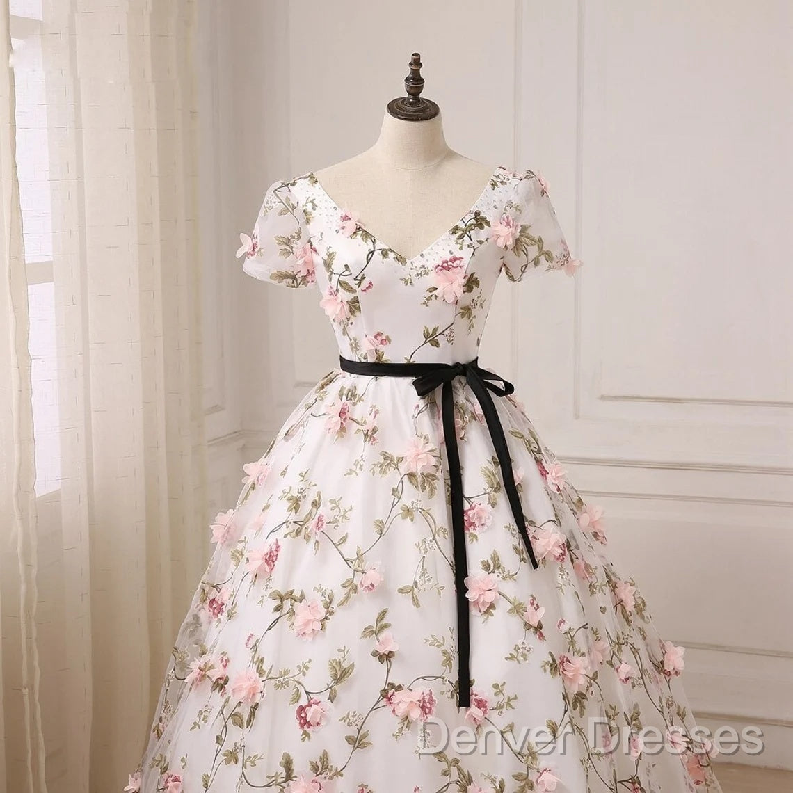 Beautiful Flowers Ball Gown Long Party Dress, Short Sleeves Prom Dress