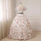 Beautiful Flowers Ball Gown Long Party Dress, Short Sleeves Prom Dress