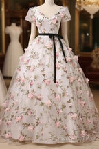 Beautiful Flowers Ball Gown Long Party Dress, Short Sleeves Prom Dress