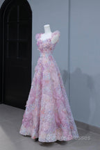 Beautiful Flowers Tulle Long Formal Dress, Purple Pink A-Line Evening Dress