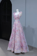 Beautiful Flowers Tulle Long Formal Dress, Purple Pink A-Line Evening Dress