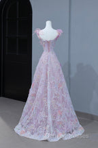 Beautiful Flowers Tulle Long Formal Dress, Purple Pink A-Line Evening Dress