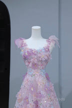 Beautiful Flowers Tulle Long Formal Dress, Purple Pink A-Line Evening Dress