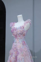 Beautiful Flowers Tulle Long Formal Dress, Purple Pink A-Line Evening Dress