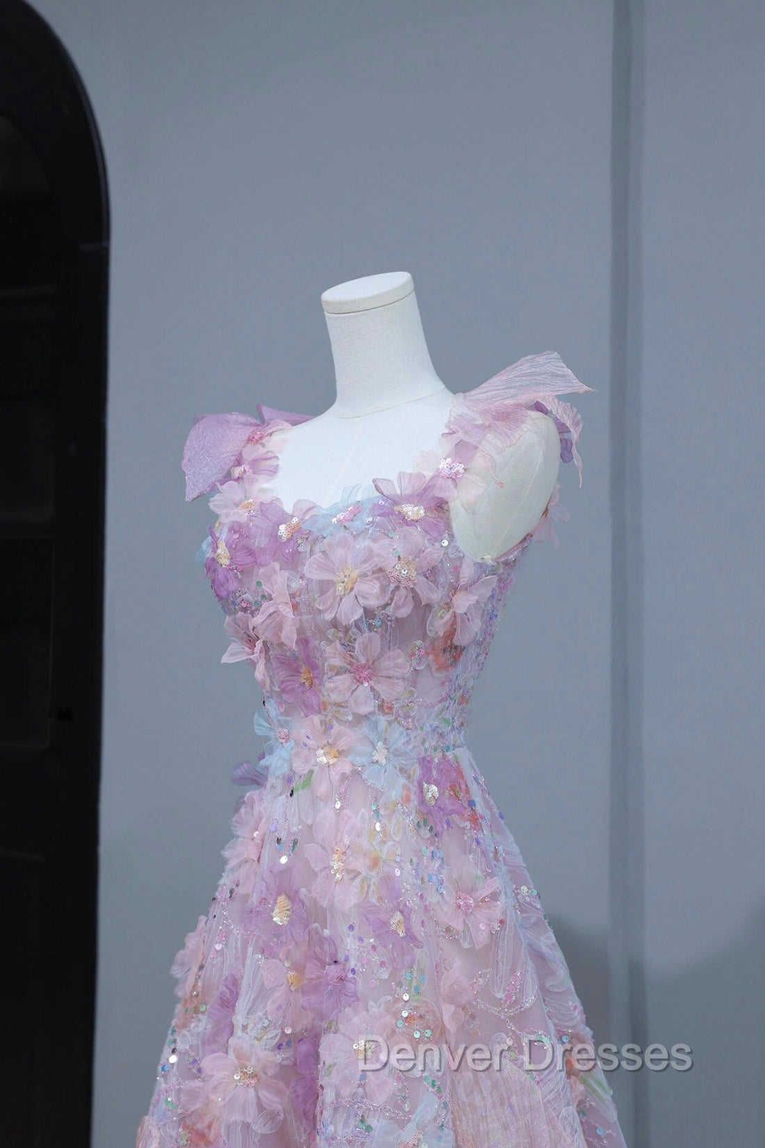 Beautiful Flowers Tulle Long Formal Dress, Purple Pink A-Line Evening Dress