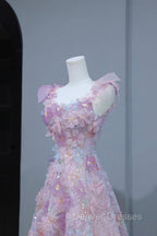 Beautiful Flowers Tulle Long Formal Dress, Purple Pink A-Line Evening Dress