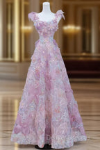 Beautiful Flowers Tulle Long Formal Dress, Purple Pink A-Line Evening Dress