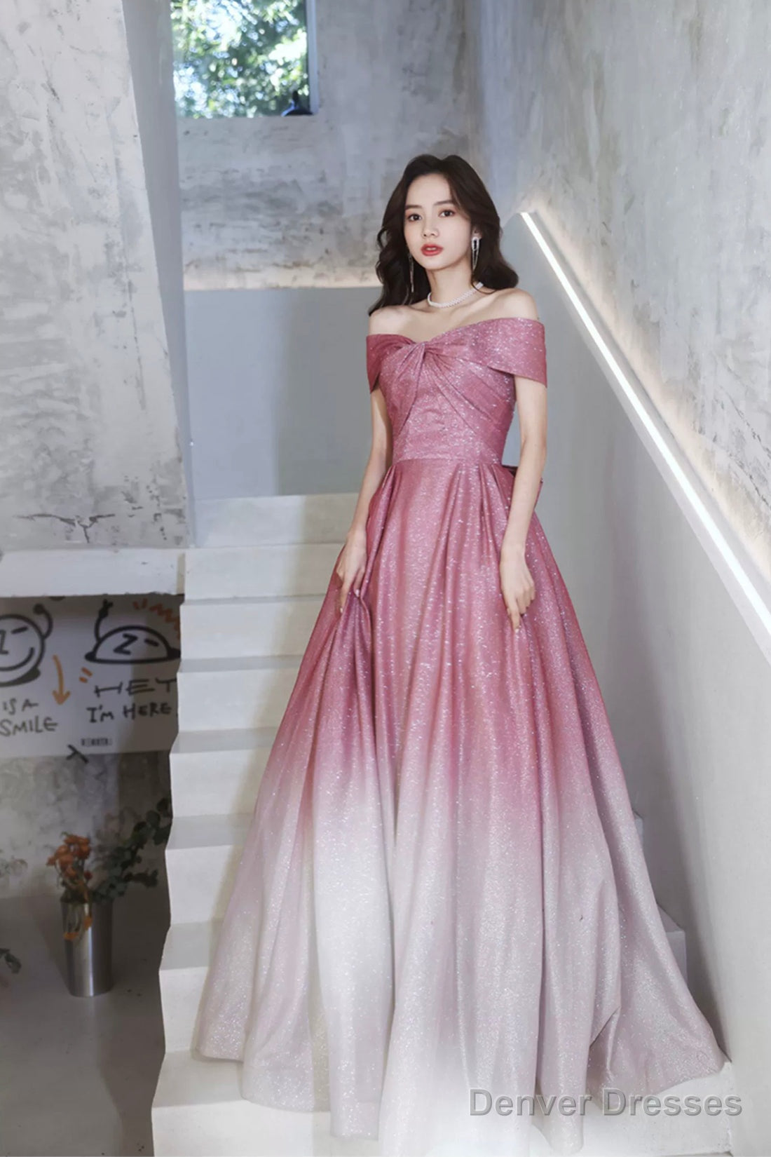 Beautiful Gradient Floor Length A-Line Prom Dress, Off The Shoulder Evening Party Dress Main image