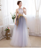 Beautiful Gradient Halter Tulle Evening Gown With Lace, Long Prom Dress