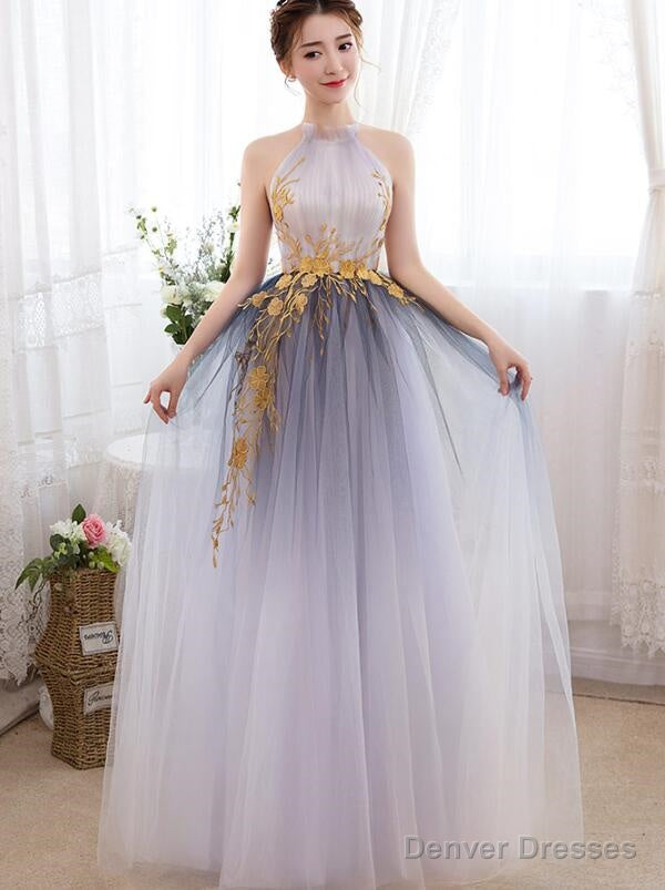 Beautiful Gradient Halter Tulle Evening Gown With Lace, Long Prom Dress