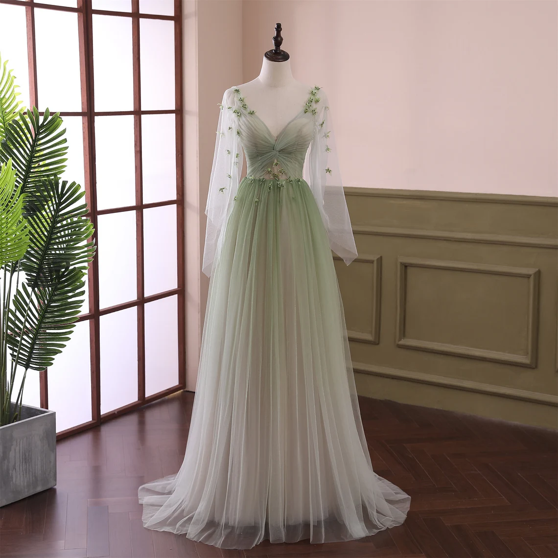 Beautiful Gradient Tulle Green Beaded Long Sleeves Party Dress, Green Formal Dress Secondary image