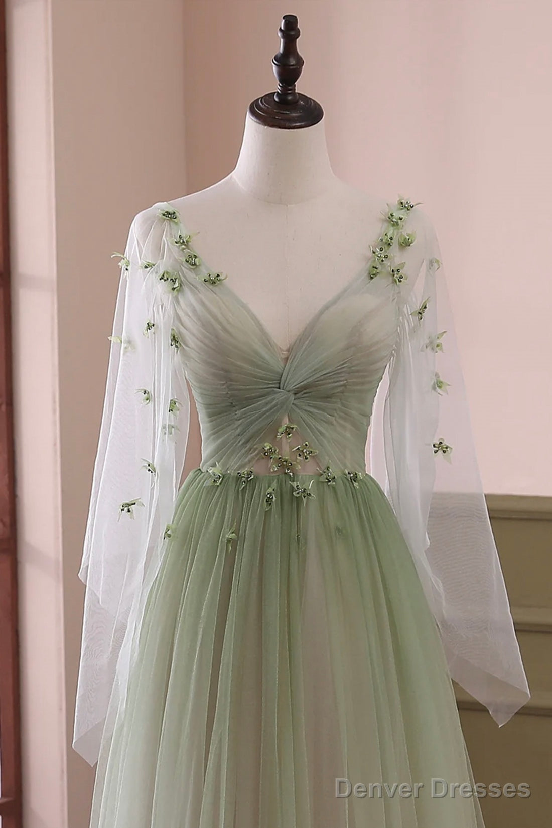 Beautiful Gradient Tulle Green Long Sleeves Party Dress, Green Evening Formal Dresses Secondary image