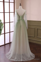 Beautiful Gradient Tulle Green Long Sleeves Party Dress, Green Evening Formal Dresses