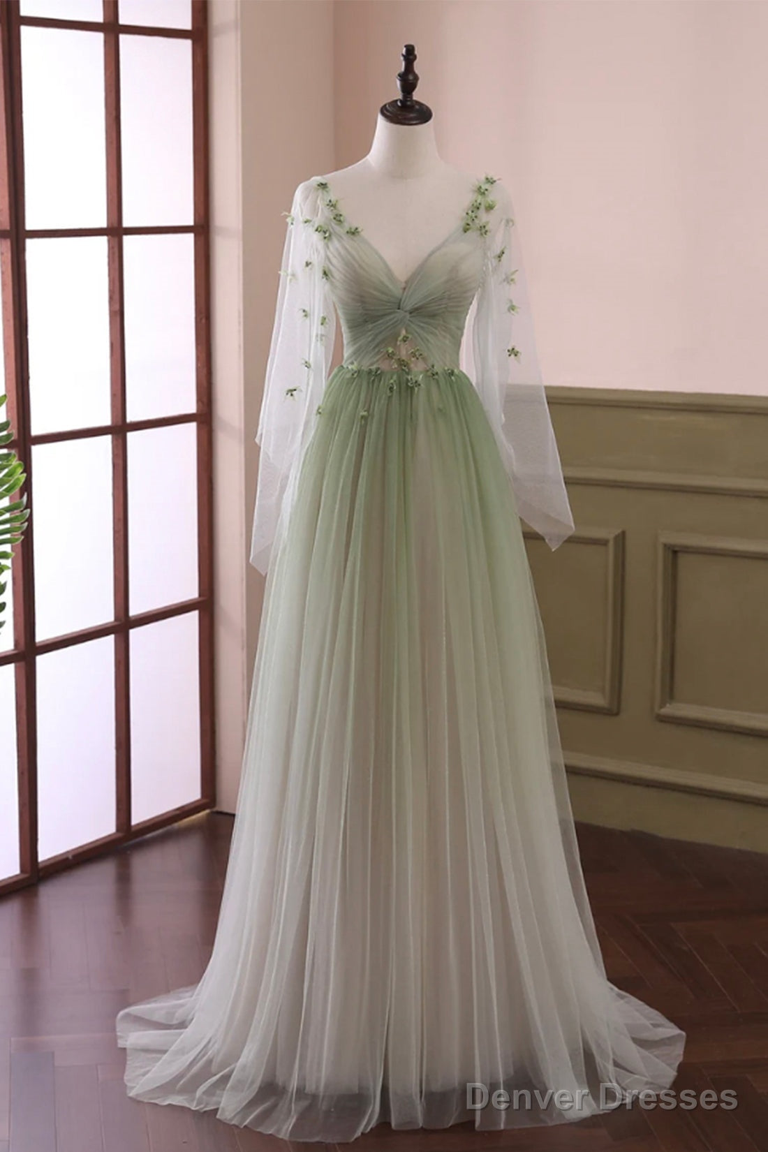 Beautiful Gradient Tulle Green Long Sleeves Party Dress, Green Evening Formal Dresses Main image