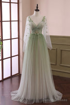 Beautiful Gradient Tulle Green Long Sleeves Party Dress, Green Evening Formal Dresses