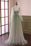 Beautiful Gradient Tulle Green Long Sleeves Party Dress, Green Evening Formal Dresses