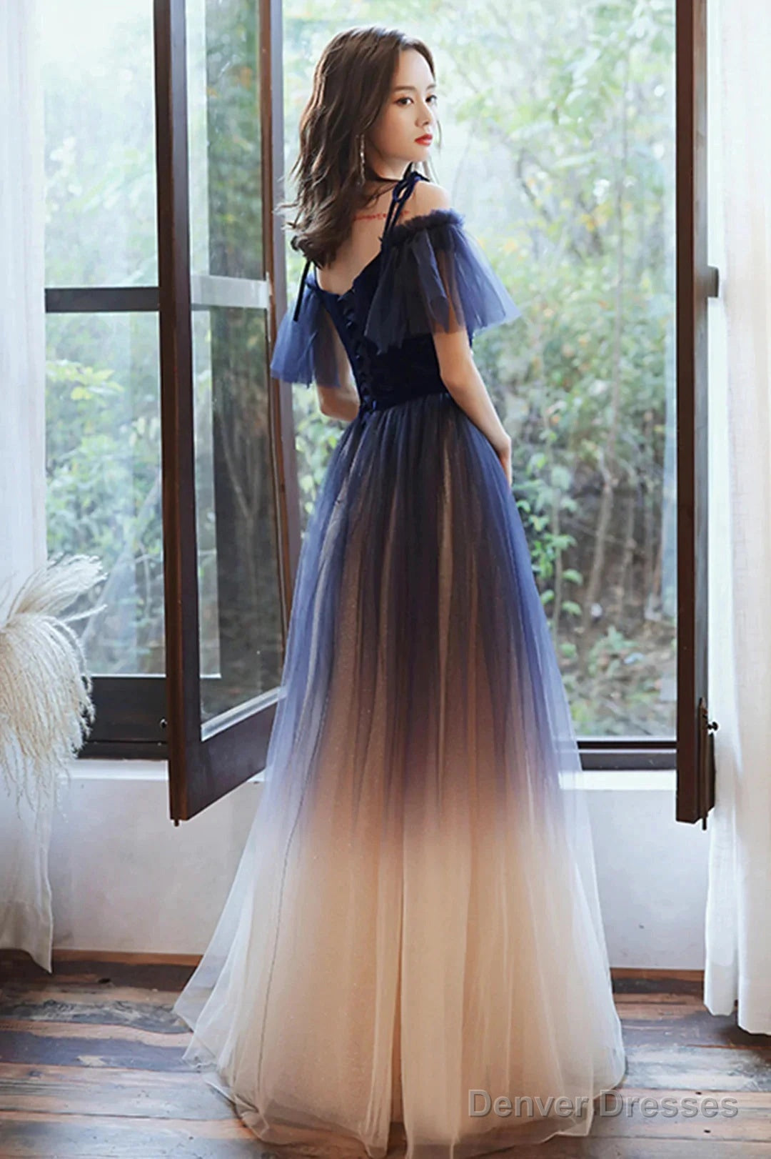 Beautiful Gradient Tulle Long Formal Dress, Blue Velvet And Lace Evening Graduation Dress
