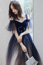 Beautiful Gradient Tulle Long Formal Dress, Blue Velvet And Lace Evening Graduation Dress