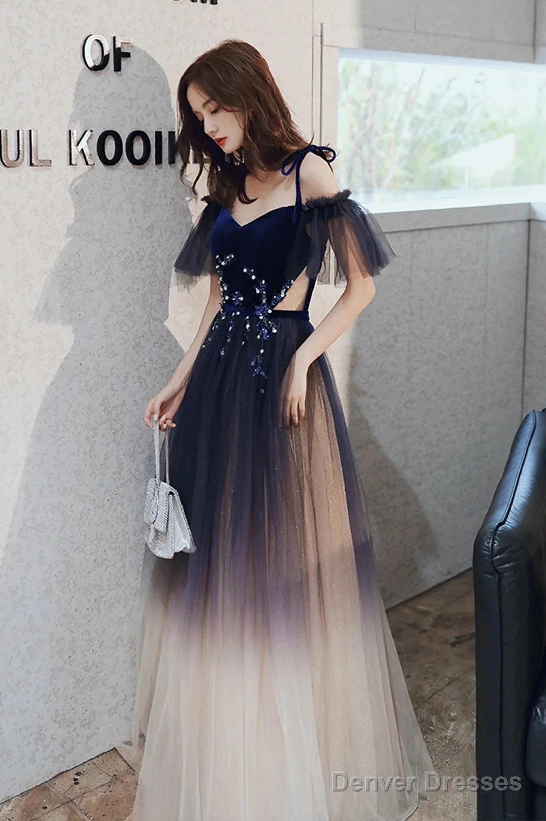 Beautiful Gradient Tulle Long Formal Dress, Blue Velvet And Lace Evening Graduation Dress