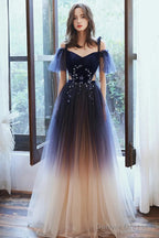 Beautiful Gradient Tulle Long Formal Dress, Blue Velvet And Lace Evening Graduation Dress
