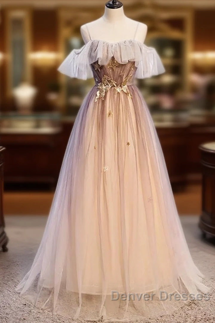 Beautiful Gradient Tulle With Straps Sweetheart Party Dress, A-Line Tulle Evening Dress Prom Dress