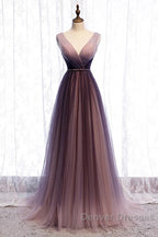 Beautiful Gradient V-Neckline Tulle Long Prom Dress Party Dress, Gradient Evening Gown