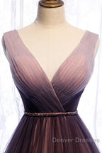 Beautiful Gradient V-Neckline Tulle Long Prom Dress Party Dress, Gradient Evening Gown