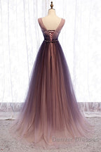 Beautiful Gradient V-Neckline Tulle Long Prom Dress Party Dress, Gradient Evening Gown