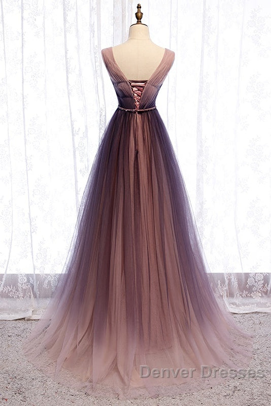 Beautiful Gradient V-Neckline Tulle Long Prom Dress Party Dress, Gradient Evening Gown